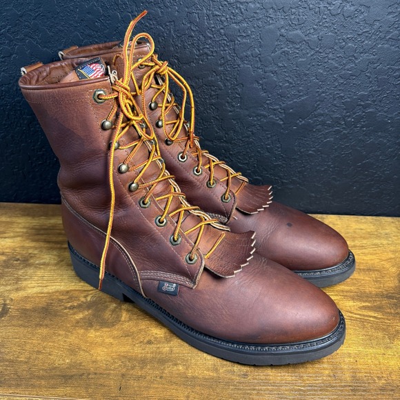 Justin 0760 Mens 13 D Brown Leather Work Boots Double Comfort Made in USA Lace